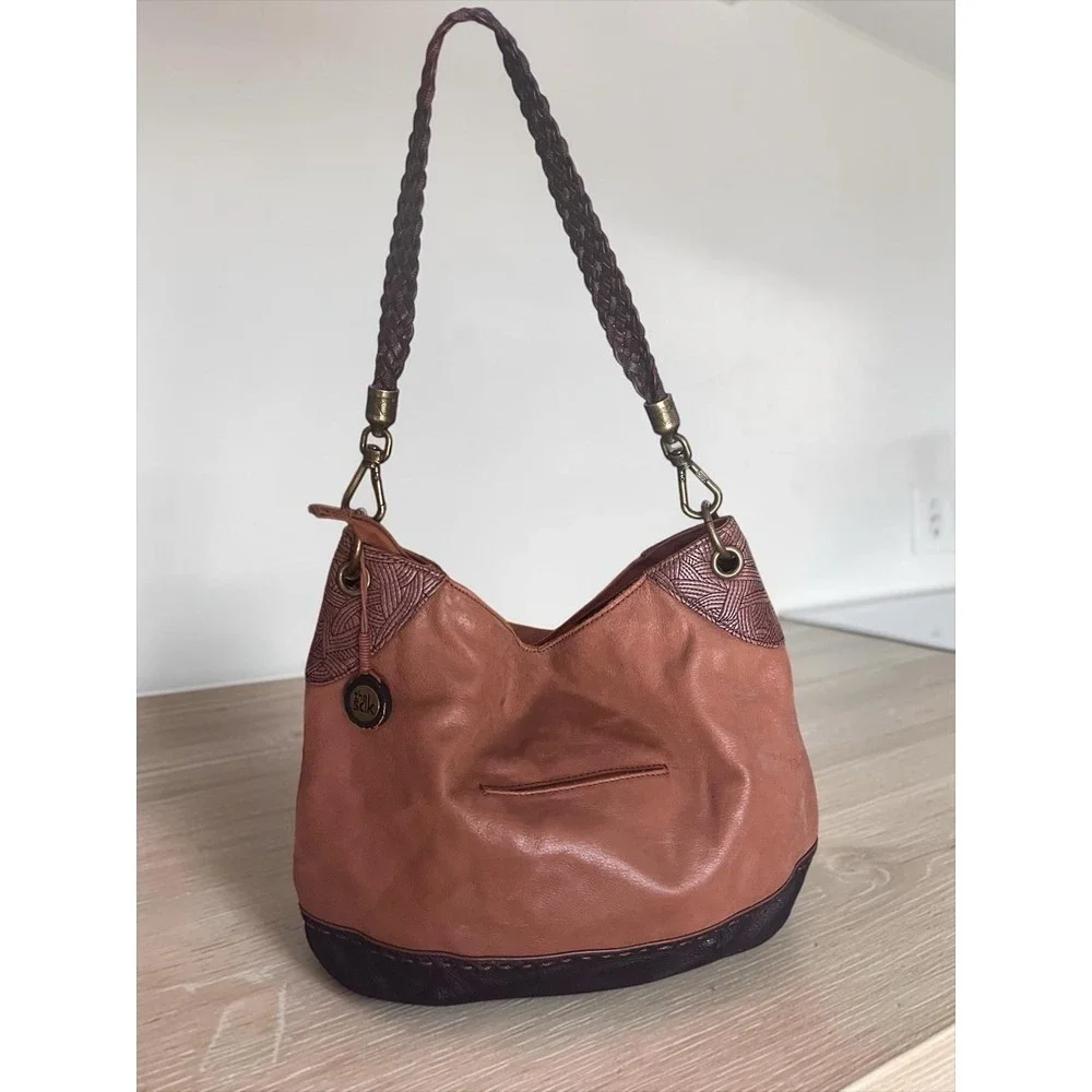 The Sak Indio Two Tone Brown Leather Hobo Bag Purse Braided Strap